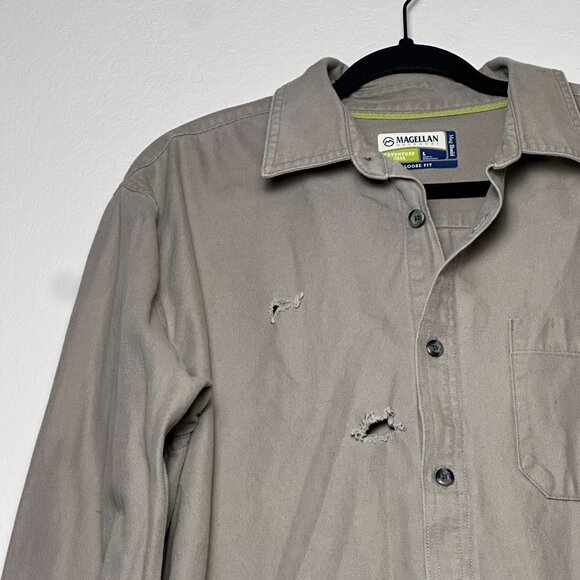 Magellan Button Up Khaki Shirt Collared Distress Design Ripped Men L Streetwear - Picture 5 of 16